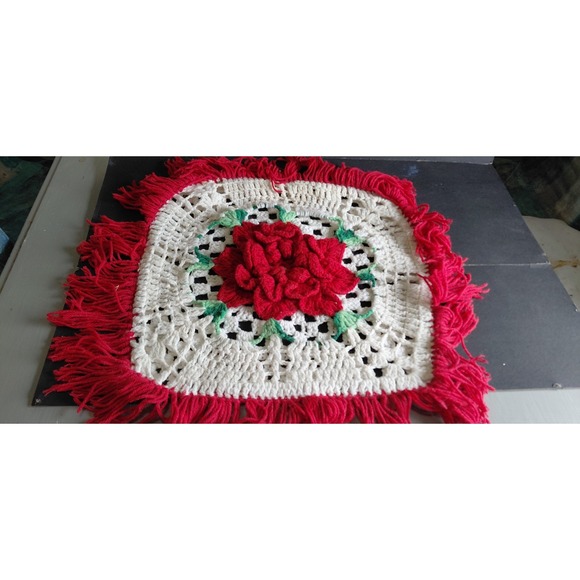 Handmade Other - vintage handcrafted crochet 3D rose granny square pillow cover Grandma Decor Art